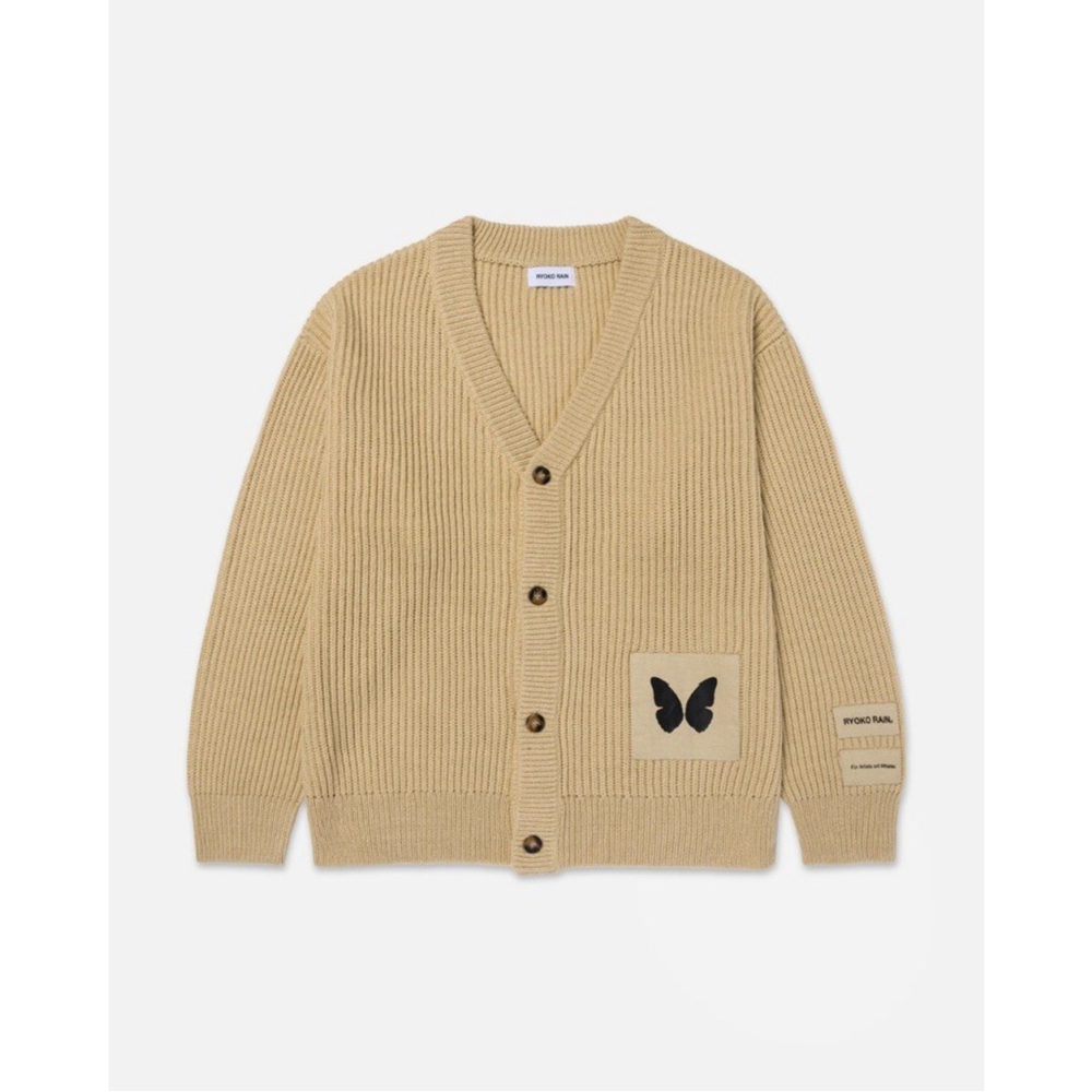 Ryoko Rain Butterfly Knitted Cardigan Tan Wool Blend Chunky Oversized Small